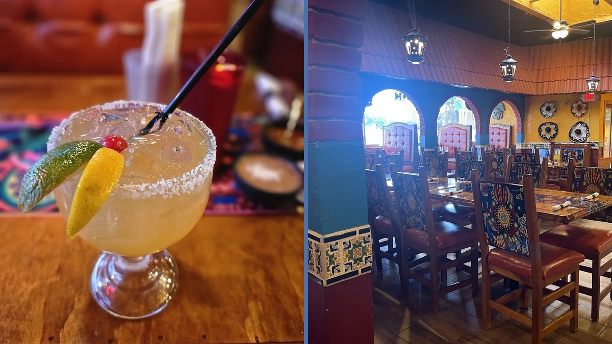 Mexican restaurant interior with table service setup.