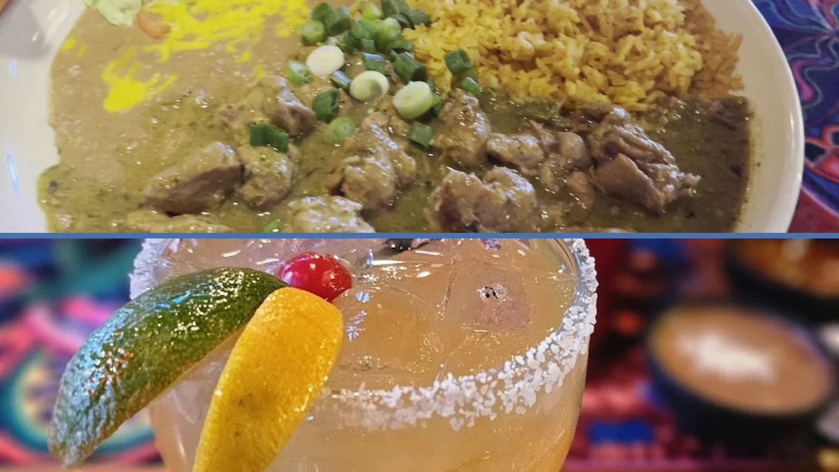 Plates of fajitas and soup on a table.